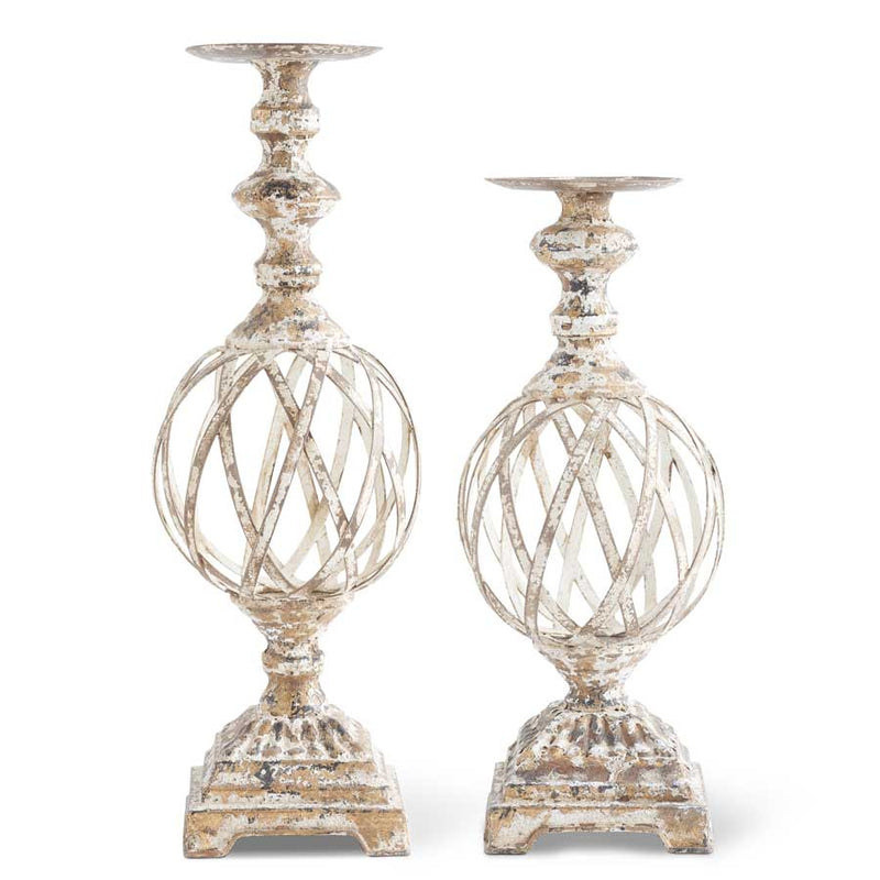 White and Gold Washed Woven Metal Candleholders
