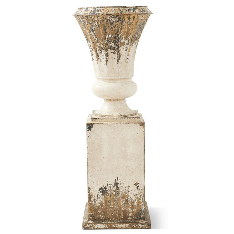 White & Gold Washed Metal Urn on Stand