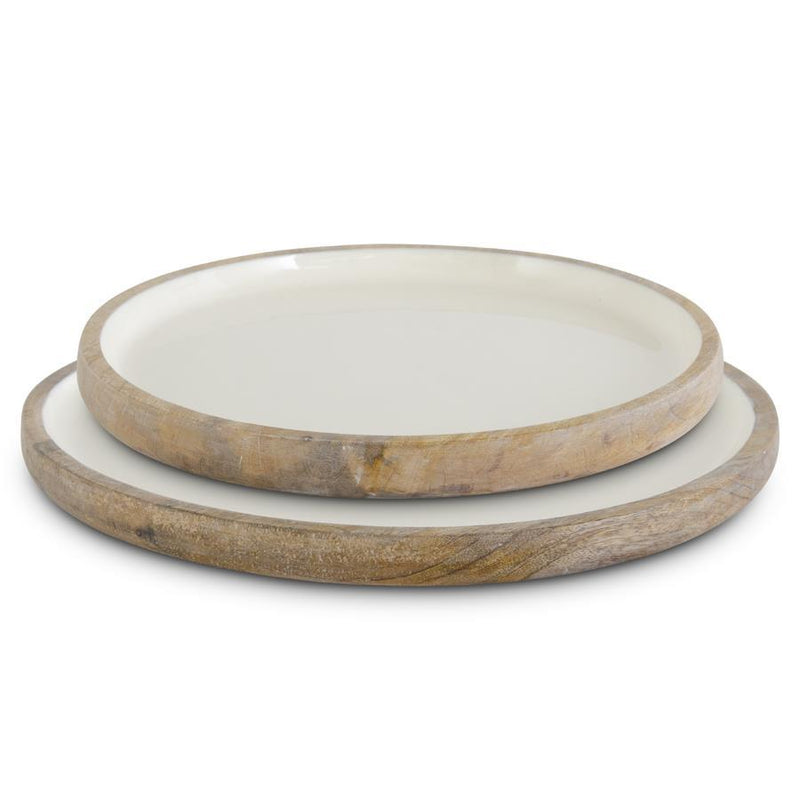 Round Ivory Enameled Shallow Mango Wood Trays-Set of 2