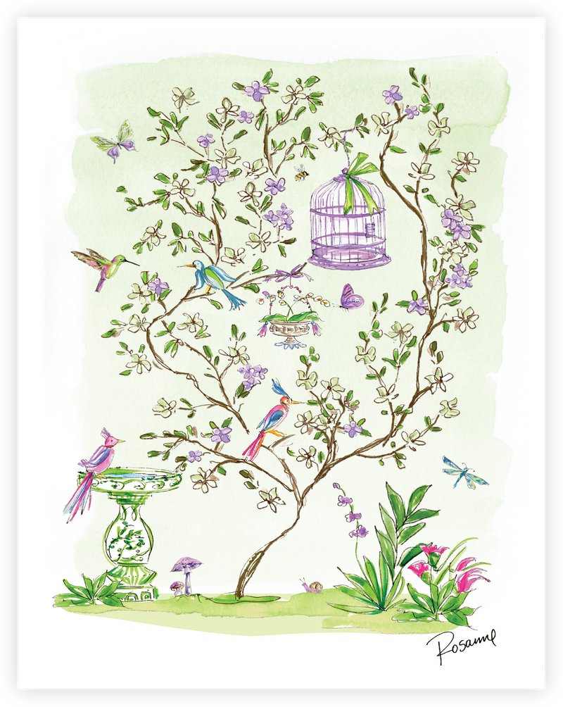 Handpainted Green Enchanted Garden with Bird Cage Art Print