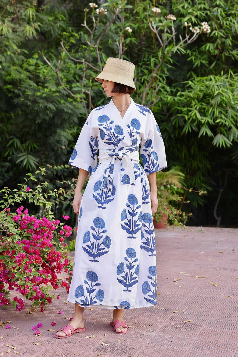 Como Wrap Dress, Indigo Blue Flower