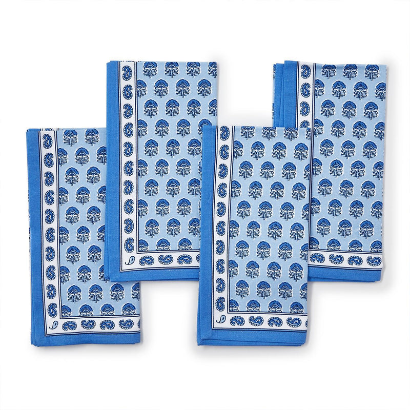 Chinoiserie Blue Block Print Set of 4 Cloth Napkins