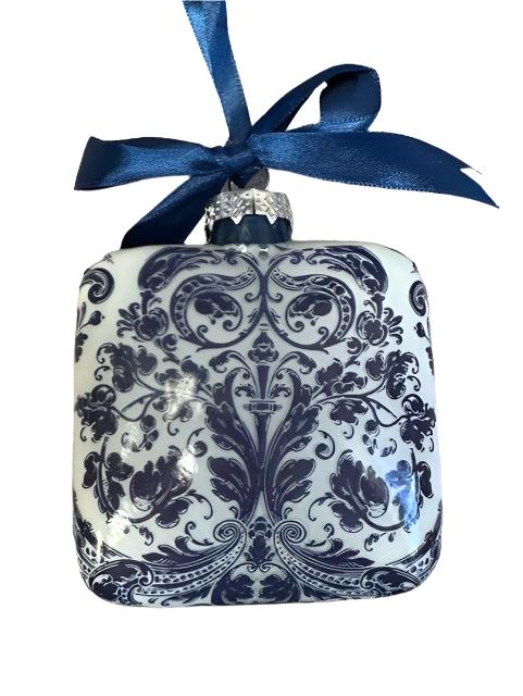 Blue & White Floral Square Glass Ornament