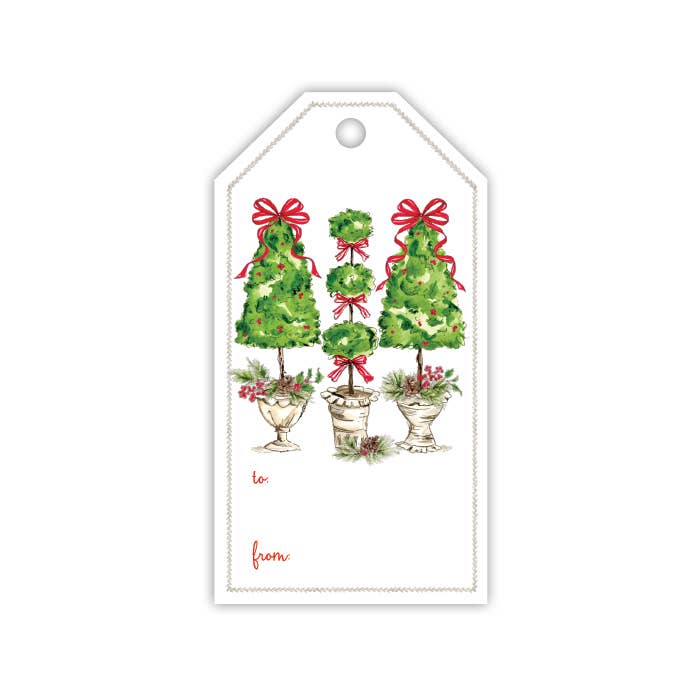 Handpainted Christmas Topiary Trio with Red Bows Gift Tag