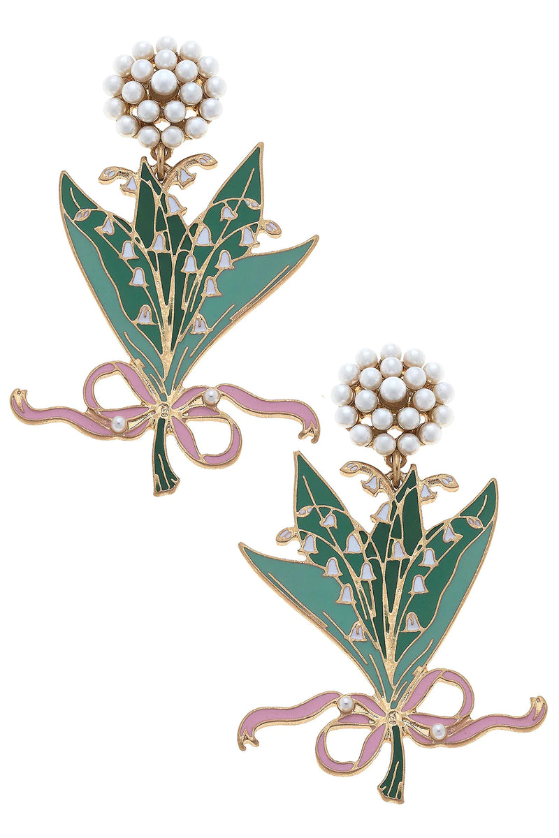 Lily of the Valley Enamel Bouquet Earrings- Green/Pink