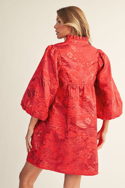 Ruffled Jacquard Dress, Red