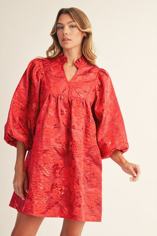 Ruffled Jacquard Dress, Red