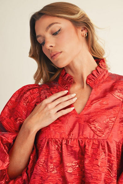 Ruffled Jacquard Dress, Red