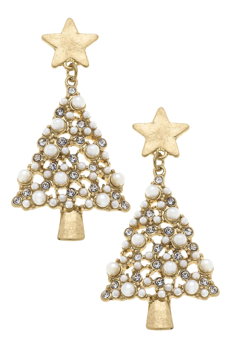 White Christmas Pearl Studded Enamel Christmas Tree Earrings-Ivory/Gold