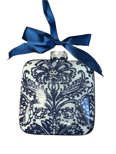 Blue & White Floral Square Glass Ornament