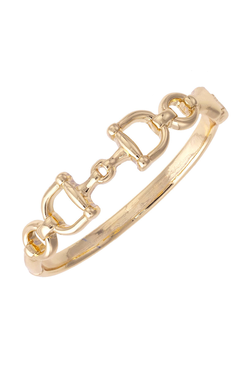 Cinnamon Horsebit Hinge Bangle Bracelet in Shiny Gold