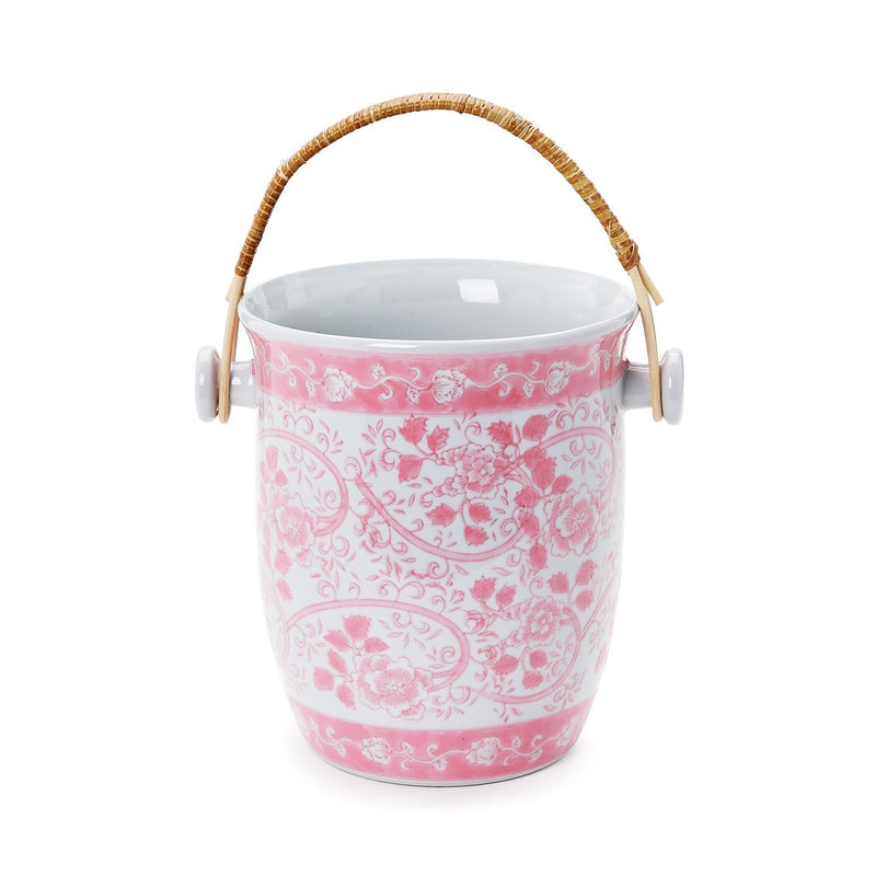 Pink Chinoiserie Cooler Bucket with Woven Cane Handle