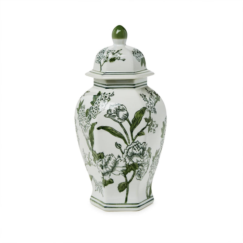 Primrose and Lotus Green and White Chinoiserie Hexogonal Temple Jar with Lid- 14"