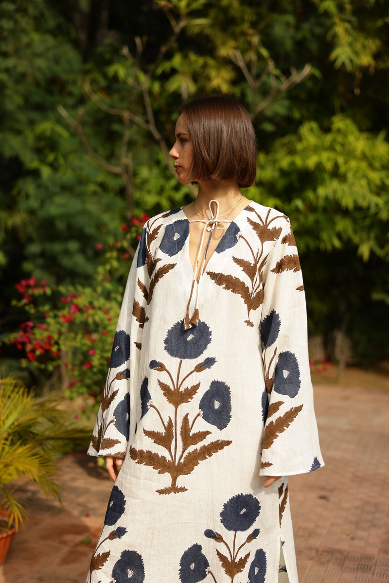 Doha Kaftan, Khaki/Navy Flower