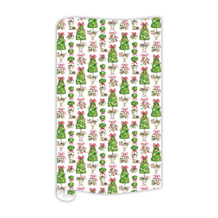 Handpainted Christmas Topiaries with Red Bows Wrapping Paper