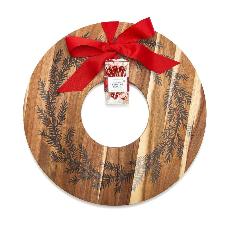 Holiday Wreath Charcuterie / Dessert Serving Board with 20 Metallic Red Bead Picks