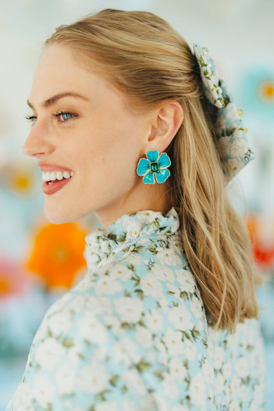 Hand Painted Blue & Green Hibiscus Earrings