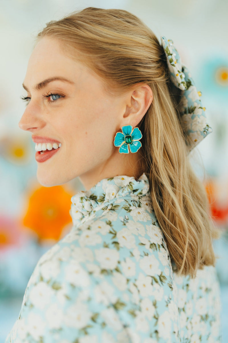 Hand Painted Blue & Green Hibiscus Earrings