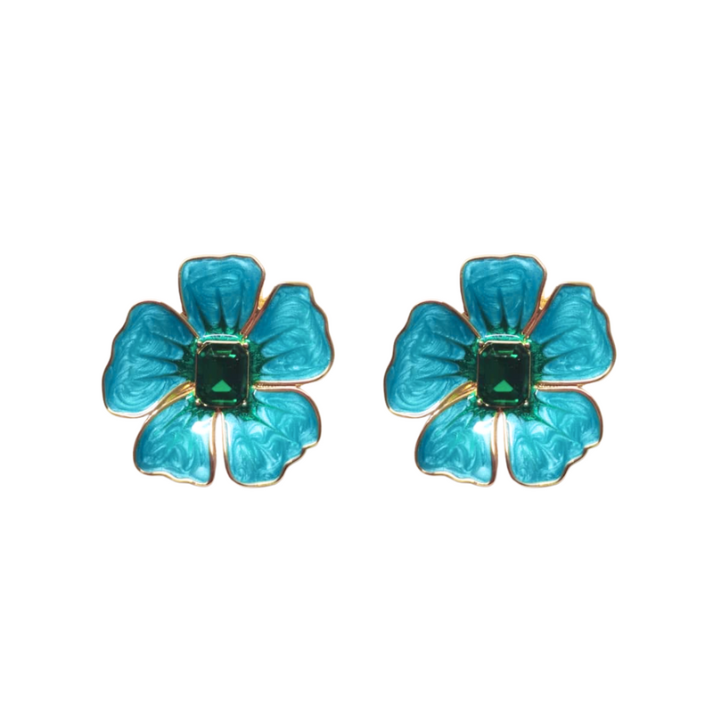 Hand Painted Blue & Green Hibiscus Earrings