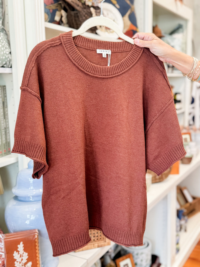 Raw Edge Accent Comfy Sweater Top, Brown