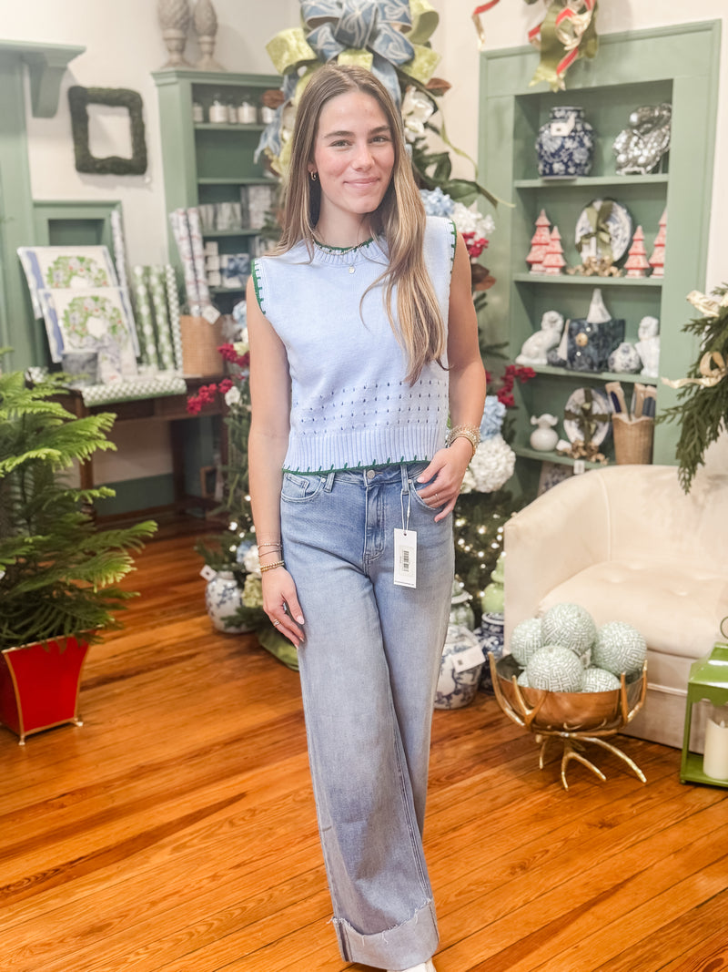 Pointelle Knit Sleeveless Sweater, Sky Blue/Green