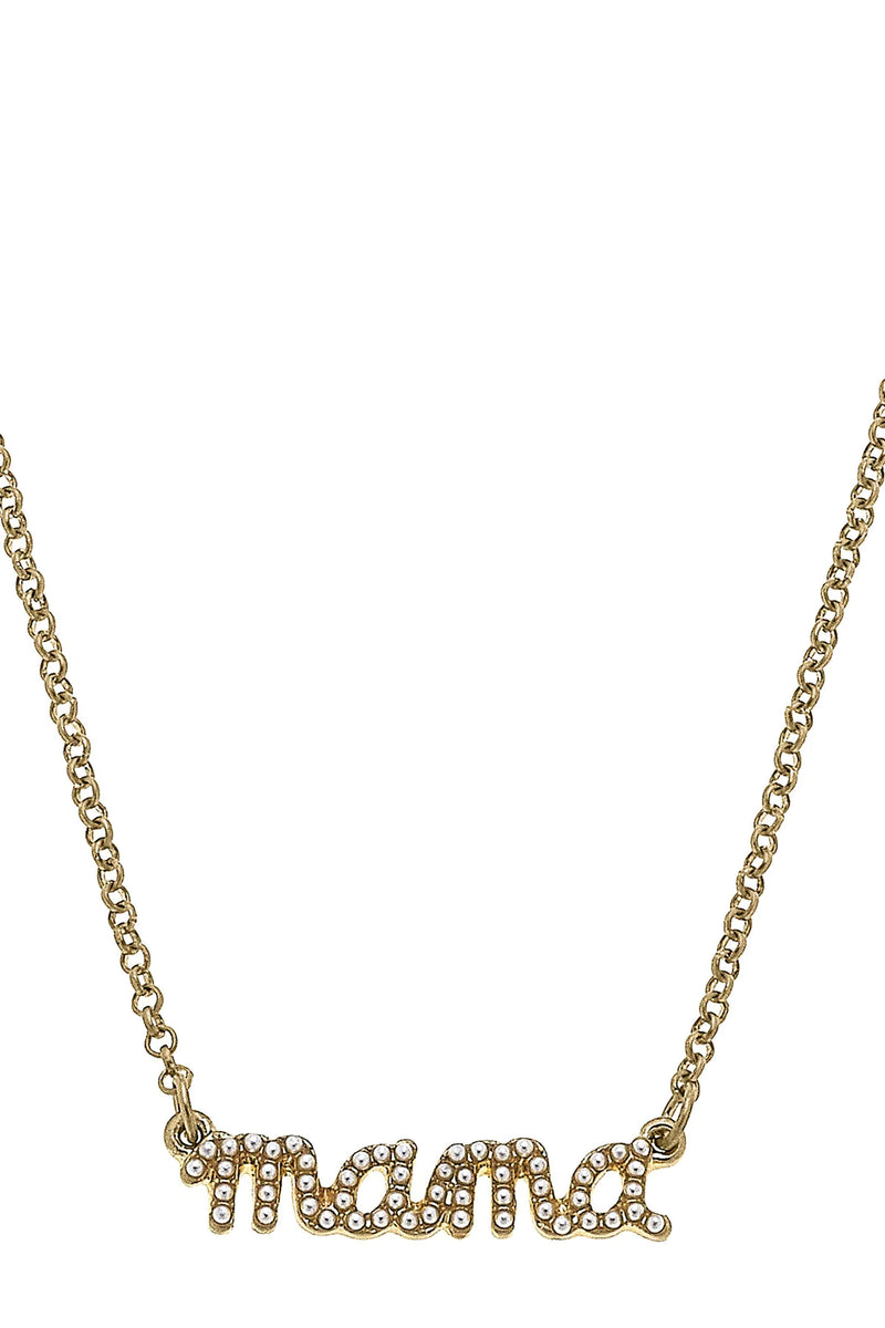 Mama Pearl Studded Script Necklace- Worn Gold