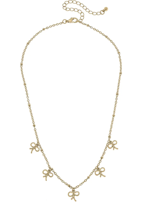 Mason Bow Charm Station Necklace- Worn Gold