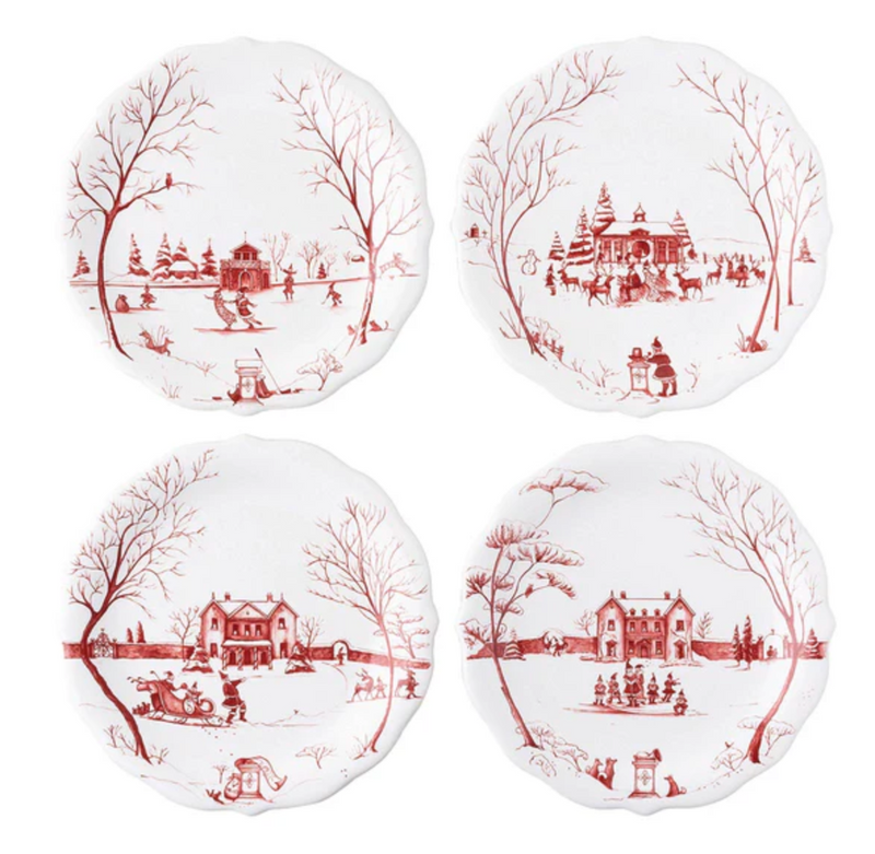 Country Estate Winter Frolic "Mr. & Mrs. Claus" Party Plates Set of 4- Ruby