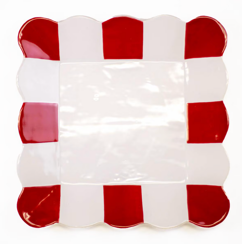 Scalloped Square Platter- White/Red