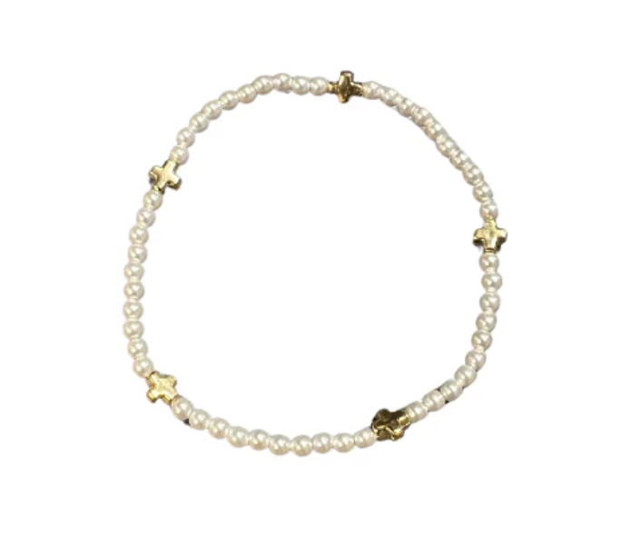 Signature Cross Small Pearl Pattern 3mm Bead Bracelet- Gold