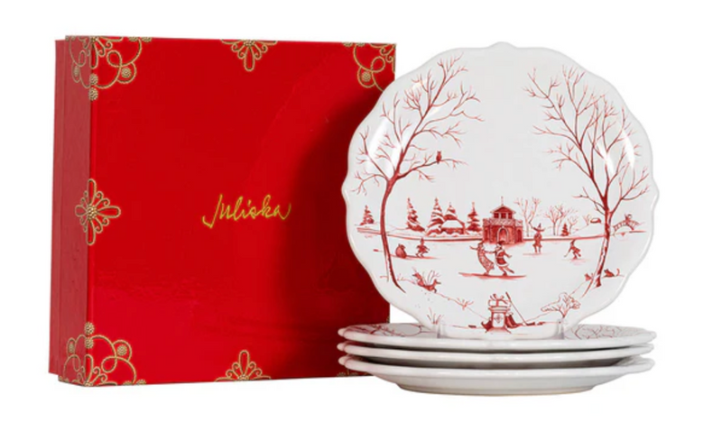 Country Estate Winter Frolic "Mr. & Mrs. Claus" Party Plates Set of 4- Ruby