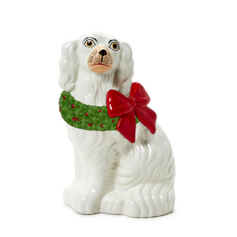 Holiday Hound Staffordshire Dog Statue with Holiday Wreath