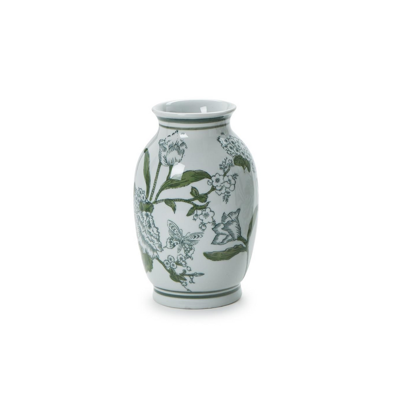 Primrose and Lotus Hand-Painted Green and White Chinoiserie Vase