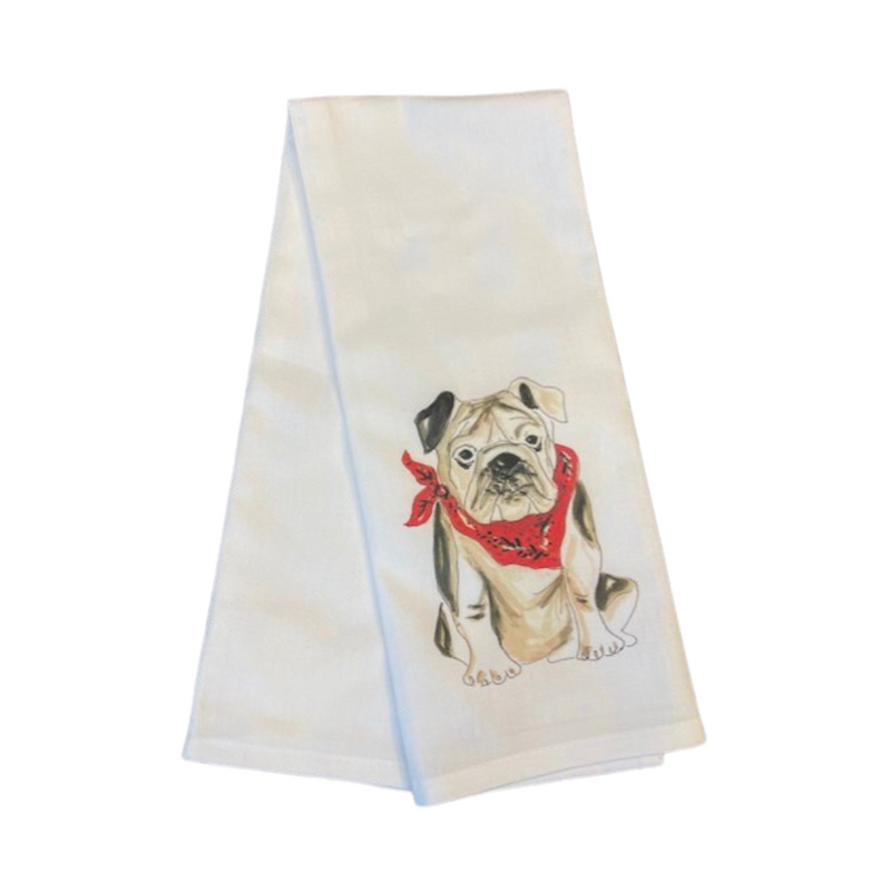 Handpainted Bulldog with Red Bandana Kitchen Towel