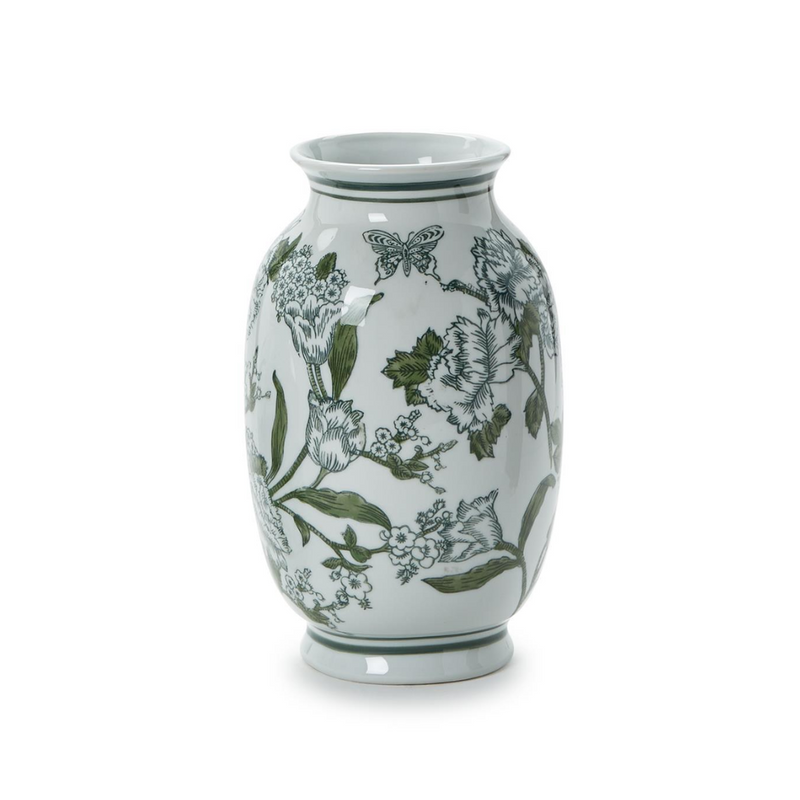 Primrose and Lotus Hand-Painted Green and White Chinoiserie Vase