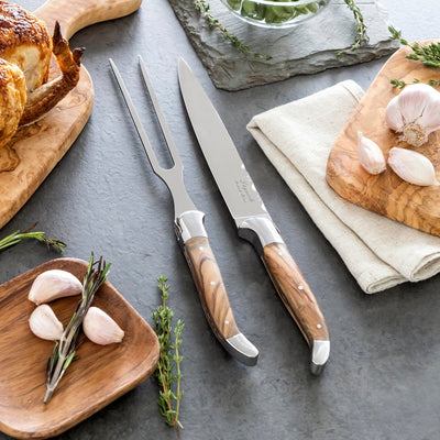 French Home Laguiole Olivewood Carving Knife and Fork Set