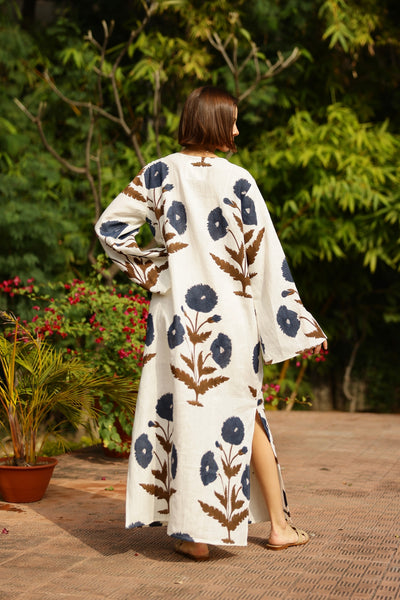 Doha Kaftan, Khaki/Navy Flower