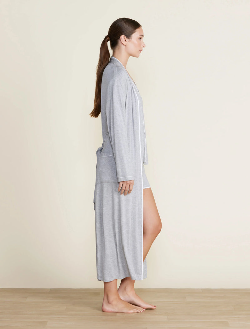 Malibu Collection Soft Jersey Piped Robe- Heathered Gray/White