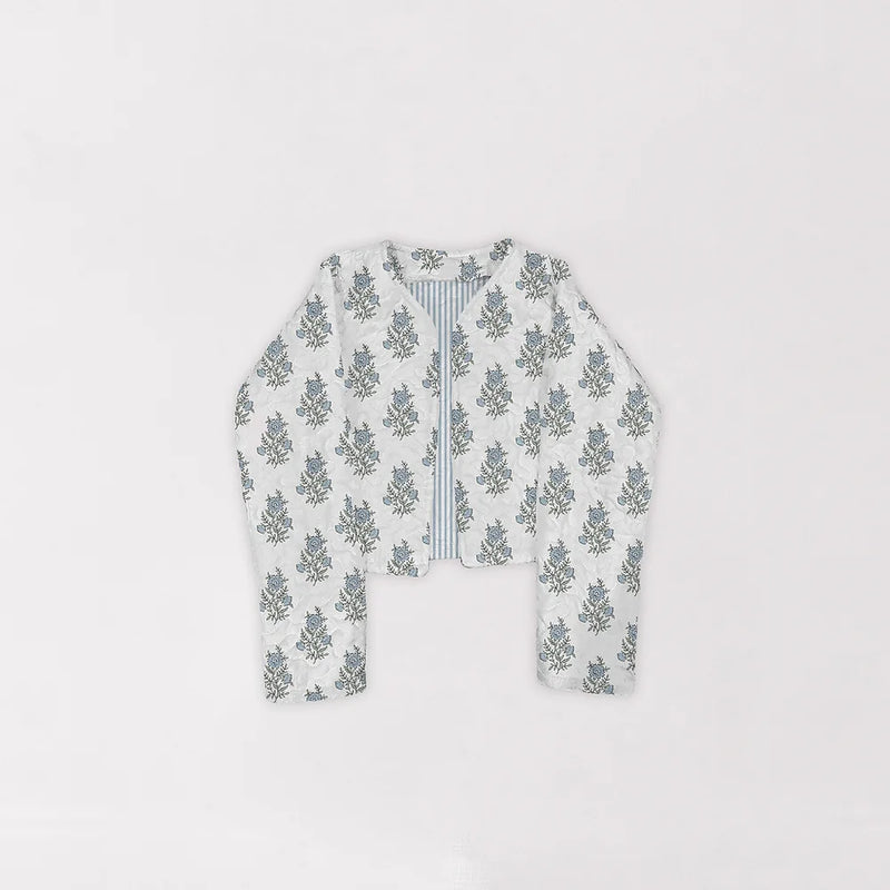 Claire Floral Light Blue Quilted Cropped Jacket