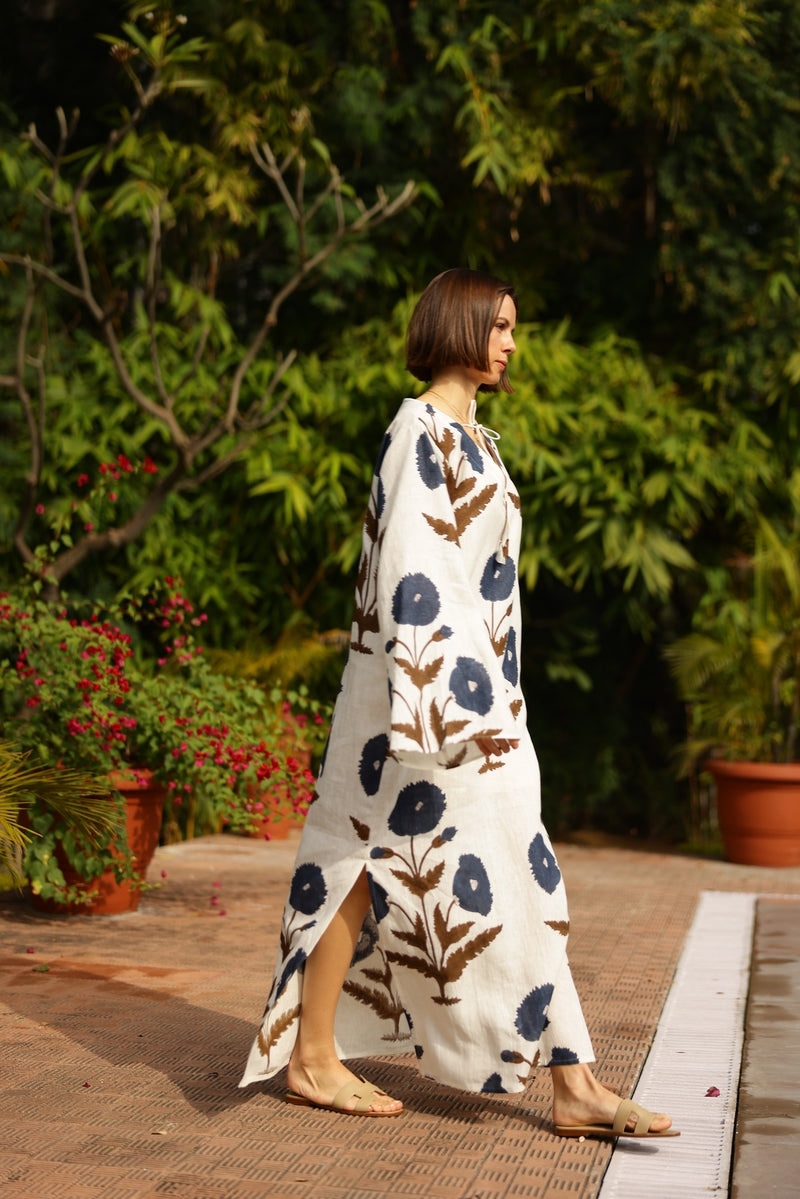 Doha Kaftan, Khaki/Navy Flower