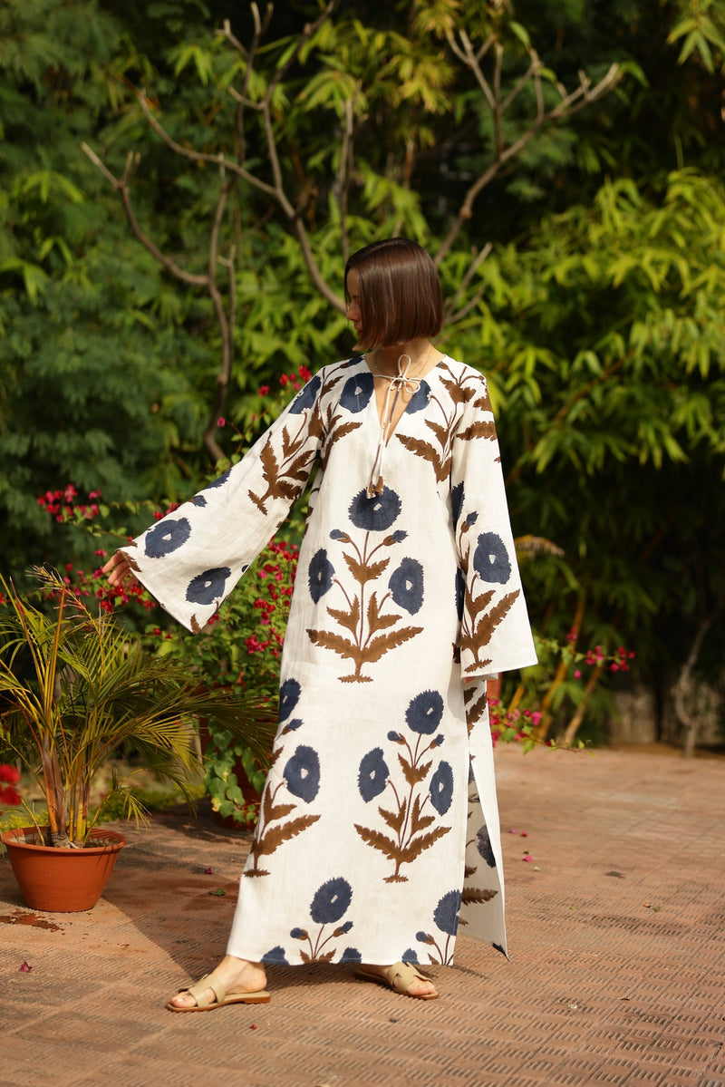 Doha Kaftan, Khaki/Navy Flower