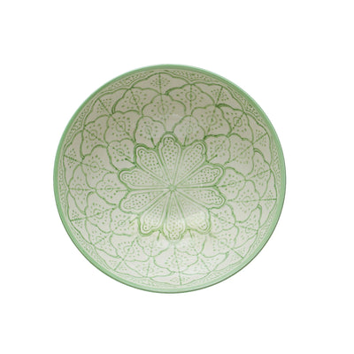 Hand-Painted Stoneware Bowl- Flower Pattern, Green/White