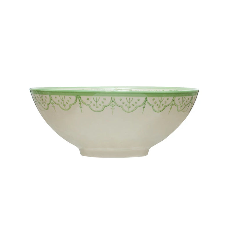 Hand-Painted Stoneware Bowl- Flower Pattern, Green/White