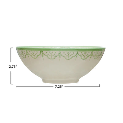 Hand-Painted Stoneware Bowl- Flower Pattern, Green/White