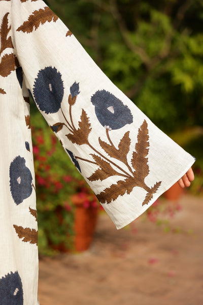 Doha Kaftan, Khaki/Navy Flower