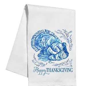 Happy Thanksgiving Blue Chinoiserie Turkey Kitchen Towel