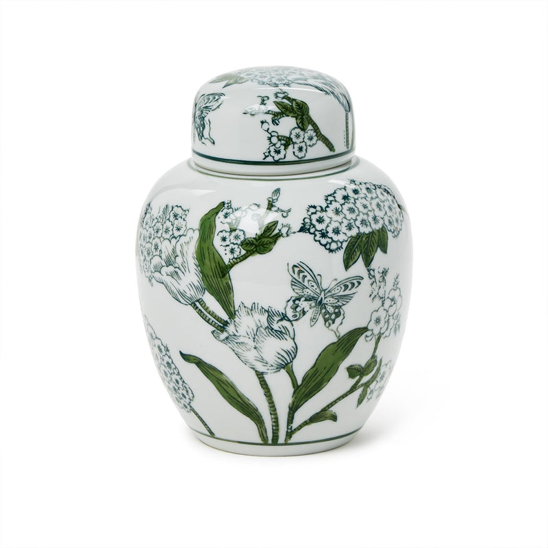 Primrose and Lotus 7 1/2" Hand-Painted Green and White Chinoiserie Ginger Jar with Lid