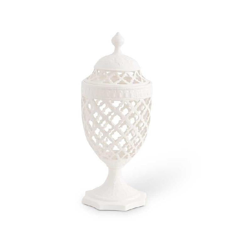 White Ceramic Filigree Lidded Urn Shaped Container