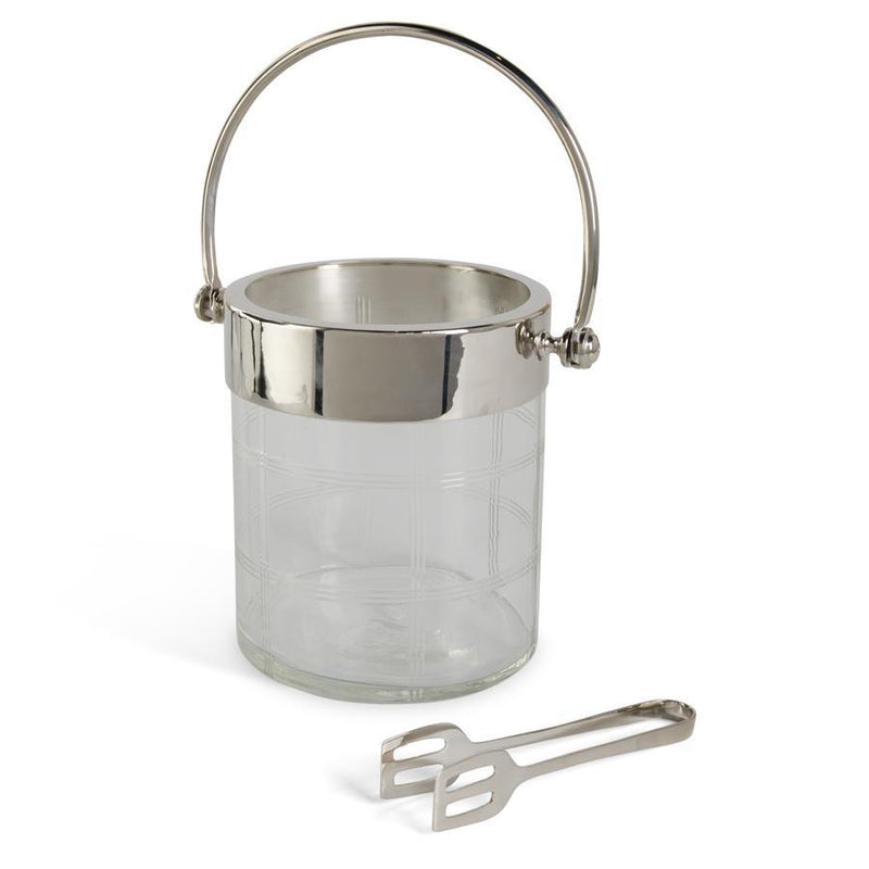 Etched Glass Ice Bucket w/Polished Silver Tongs