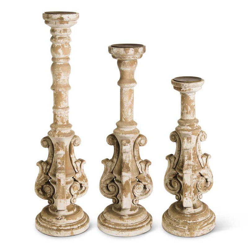 Distressed Wood Ornate Candleholders